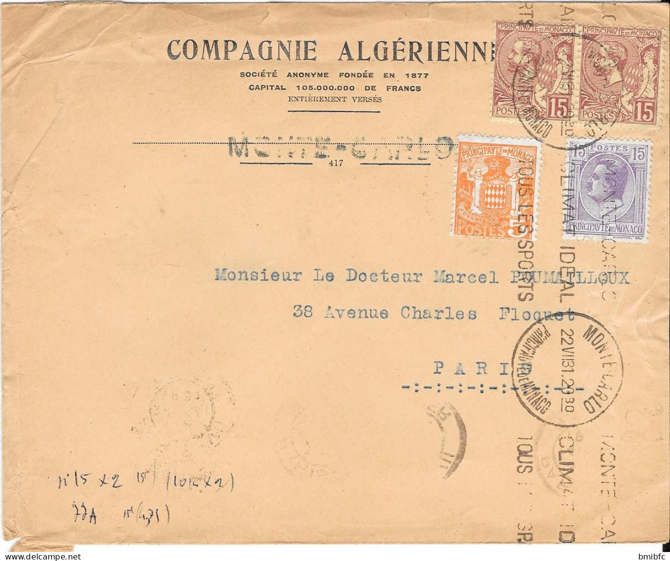 PRINCIPAUTÉ De MONACO 1931 Sur Lettre - Lettres & Documents