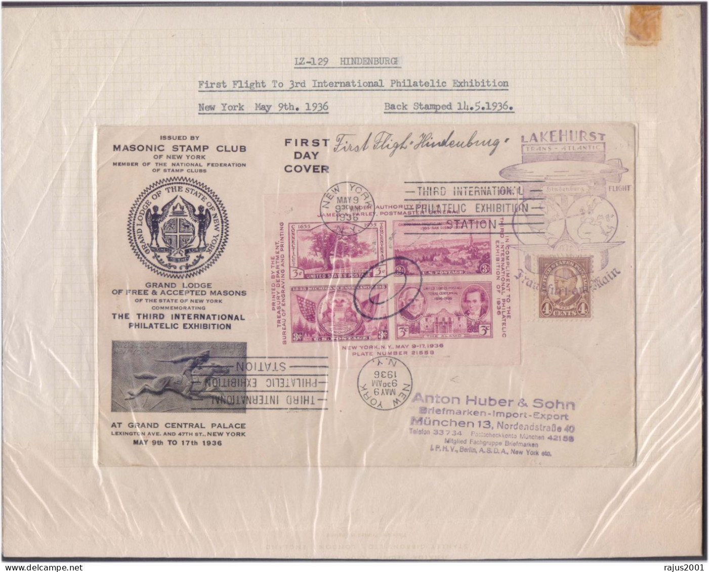 LZ 129 Hindenburg Zeppelin Special Flight Cover Issued By Masonic Club Grand Lodge Of Free & Accepted Masons 1936 USA - Zeppelins