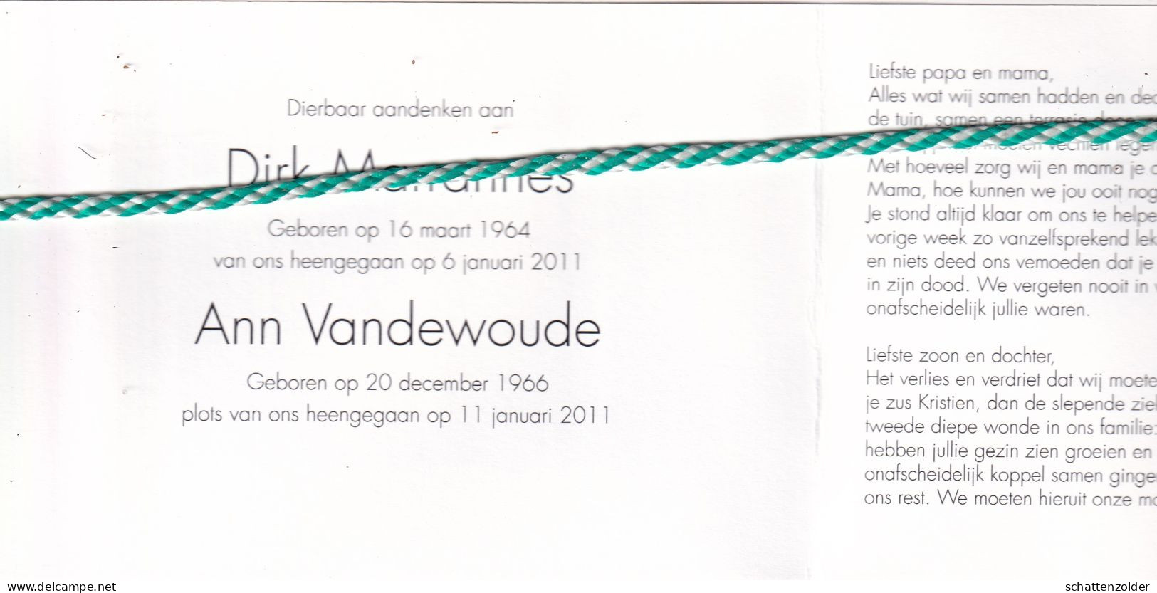 Dirk Marrannes (1964) En Ann Vandewoude (1966), 2011. Foto - Décès