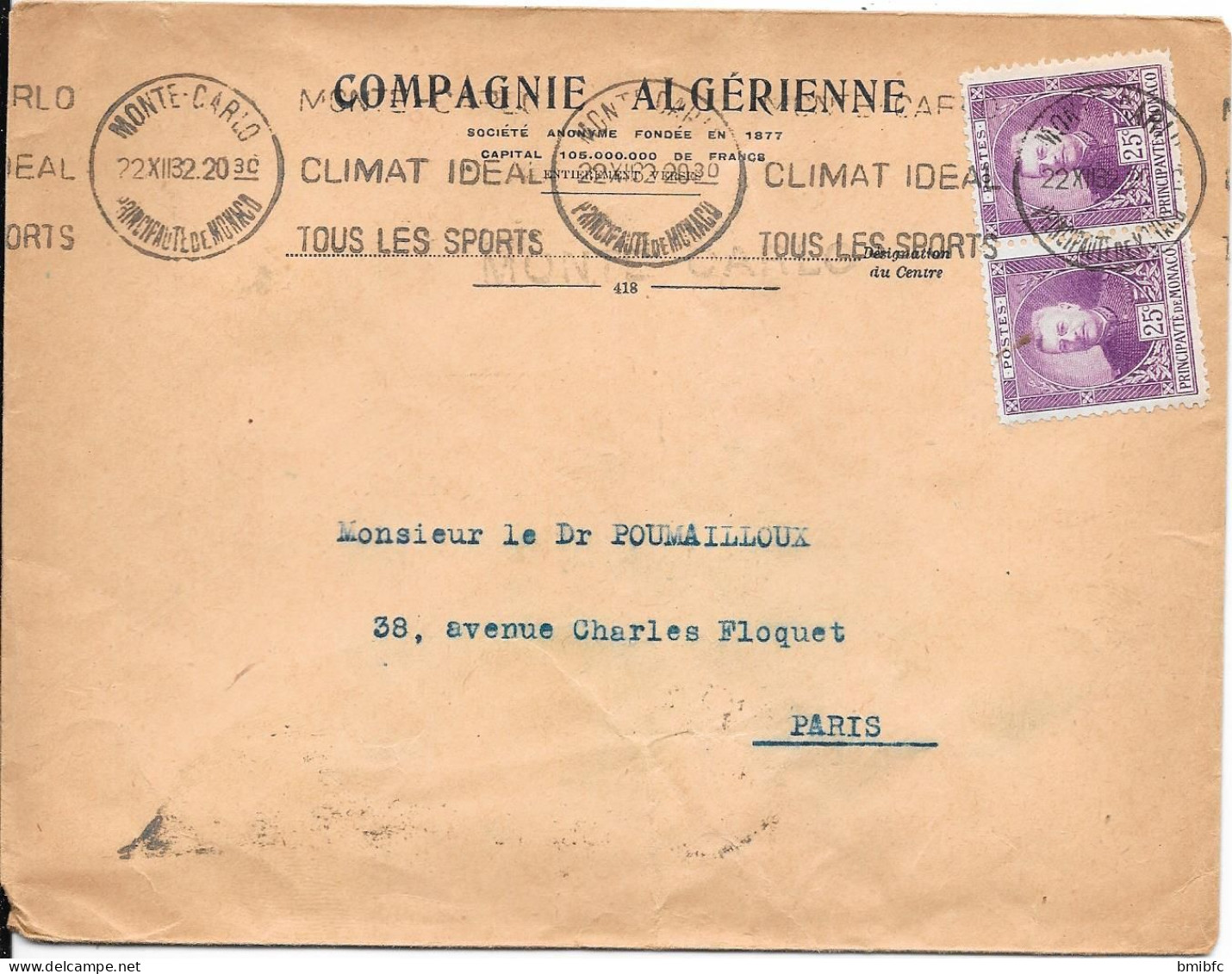 PRINCIPAUTÉ De MONACO 1932 Sur Lettre - Brieven En Documenten