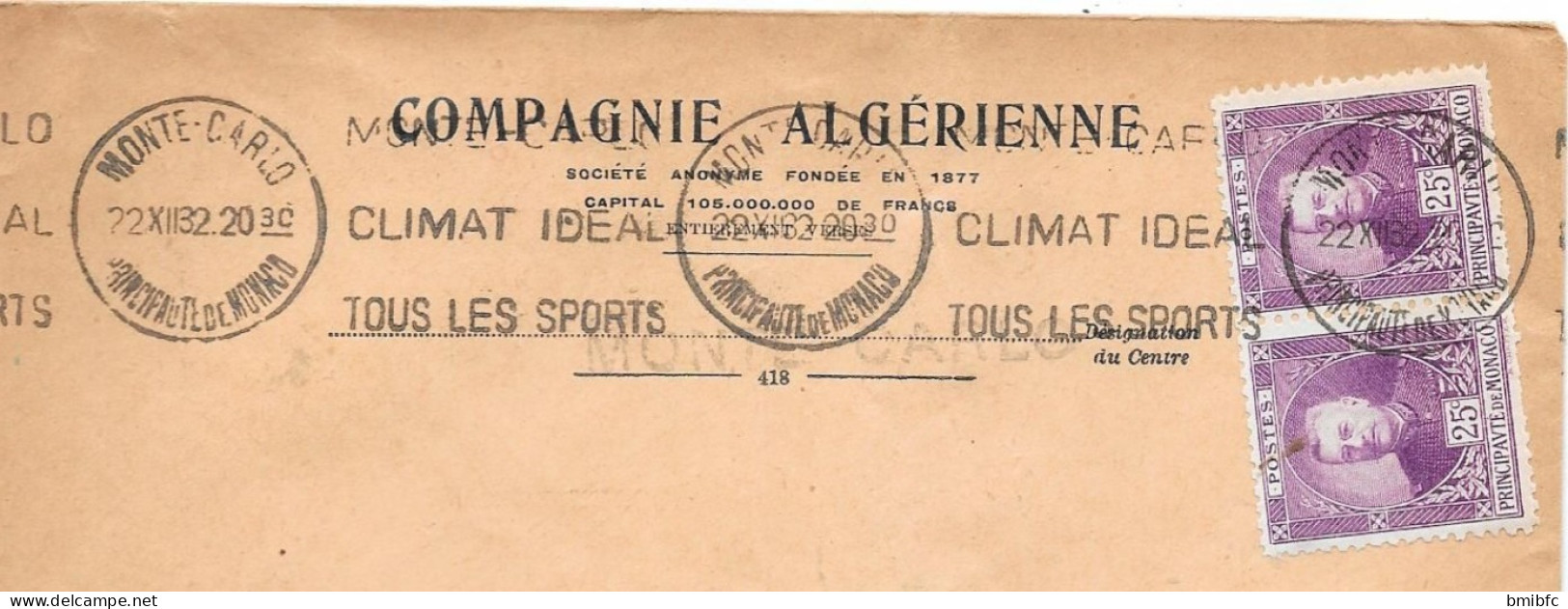 PRINCIPAUTÉ De MONACO 1932 Sur Lettre - Brieven En Documenten
