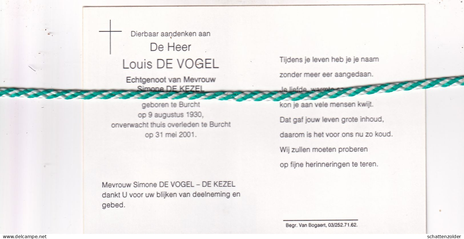 Louis De Vogel-De Kezel, Burcht 1930, 2001. Foto - Décès