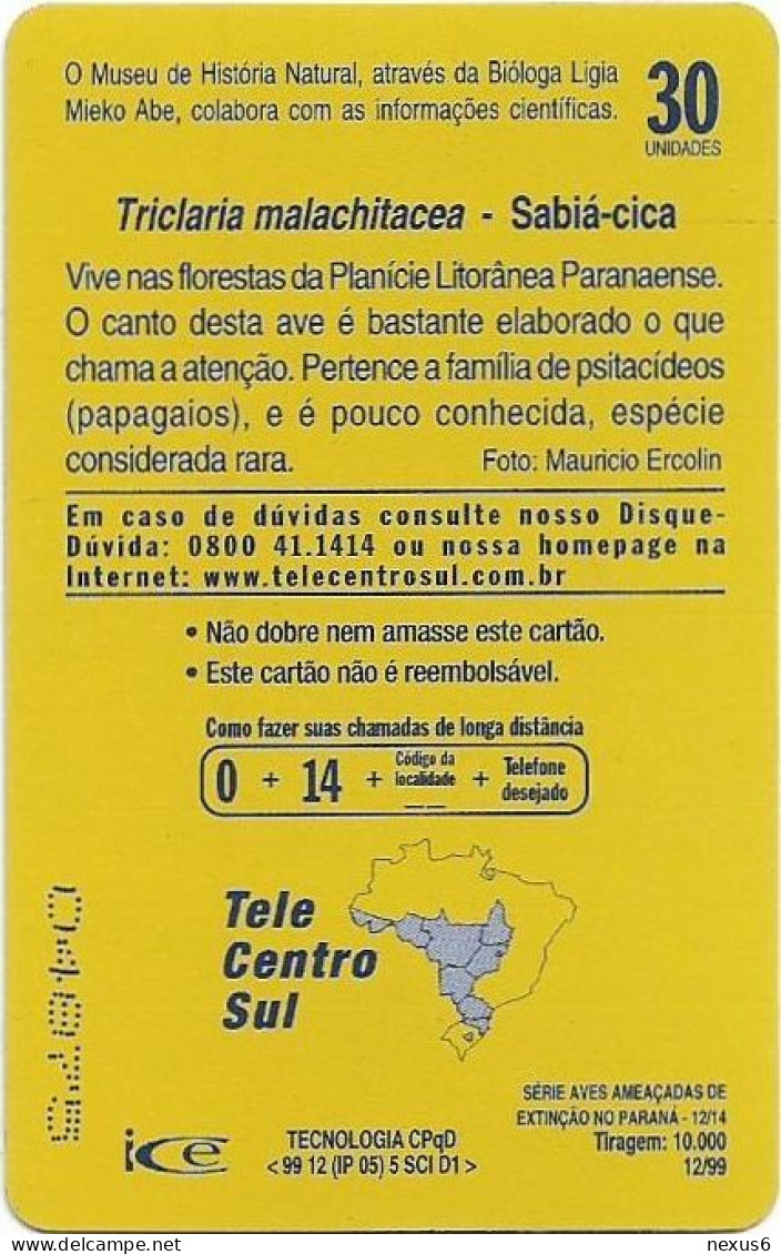 Brazil - Telepar (Inductive) - Parrots 12/14, Sabiá-Cica, 12.1999, 30U, 10.000ex, Used - Brésil