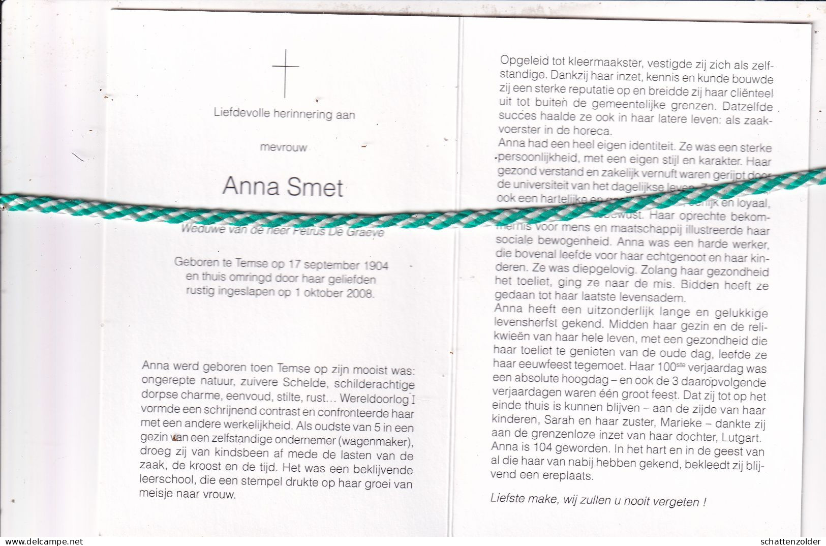 Anna Smet-De Graeve, Temse 1904, 2008. Honderdjarige. Foto - Décès