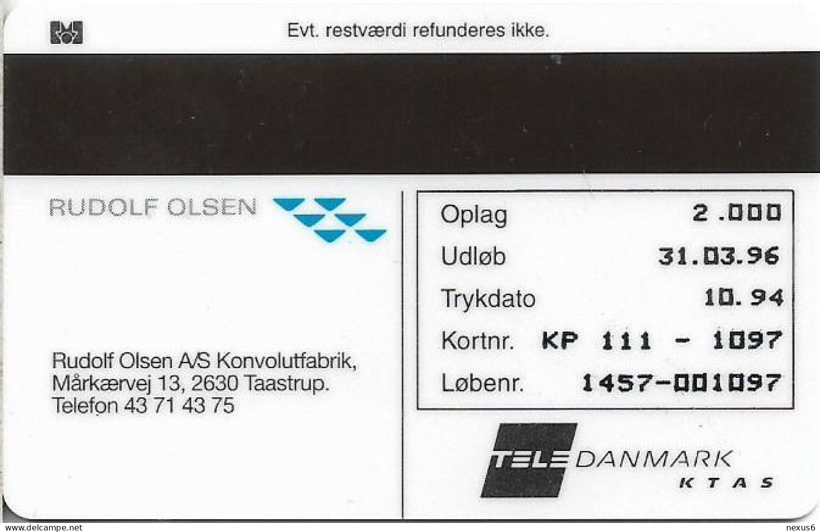 Denmark - KTAS - Rudolf Olsen Envelope Factory - TDKP111 - 10.1994, 2.000ex, 10kr, Used - Danemark