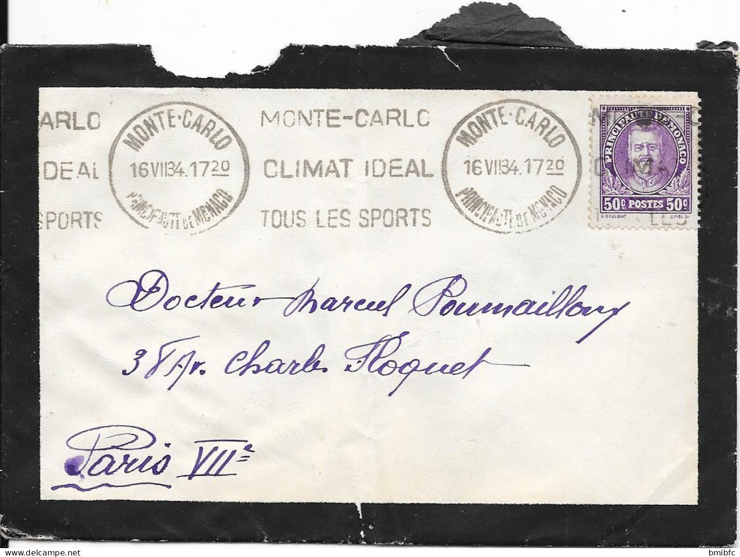 PRINCIPAUTÉ De MONACO 1934 Sur Lettre - Briefe U. Dokumente