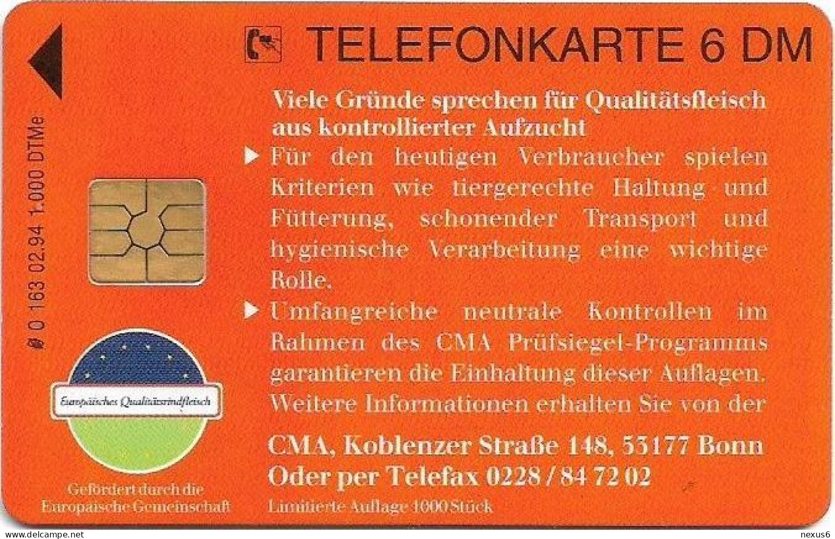 Germany - CMA - Qualitätsfleisch, Cow - O 0163 - 02.1994, 6DM, 1.000ex, Mint - O-Series: Kundenserie Vom Sammlerservice Ausgeschlossen