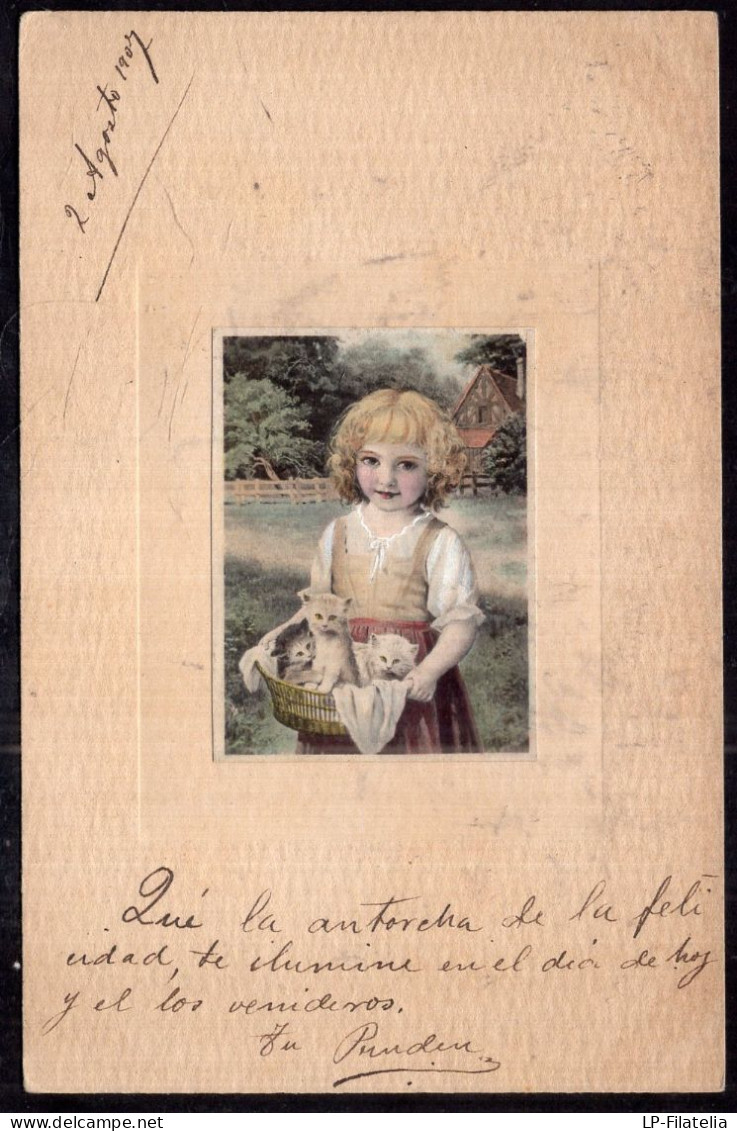 Argentina - 1907 - Illustration - Blonde Girl With Kittens In A Basket - Dessins D'enfants