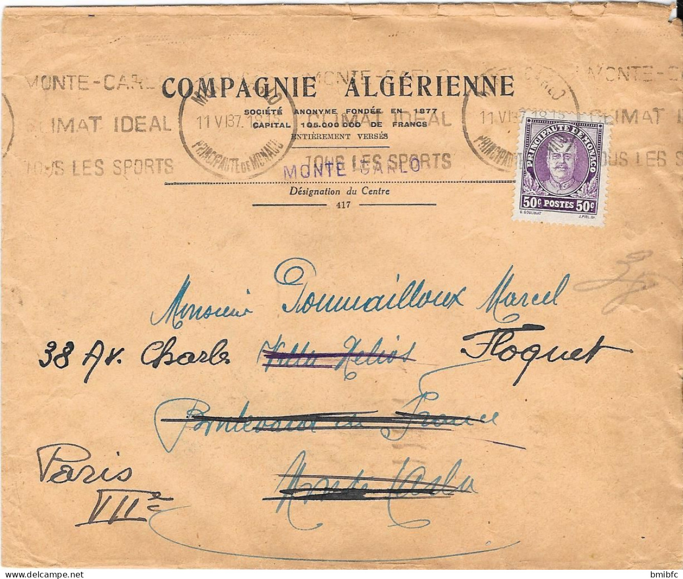 PRINCIPAUTÉ De MONACO 1937  Sur Lettre - Brieven En Documenten