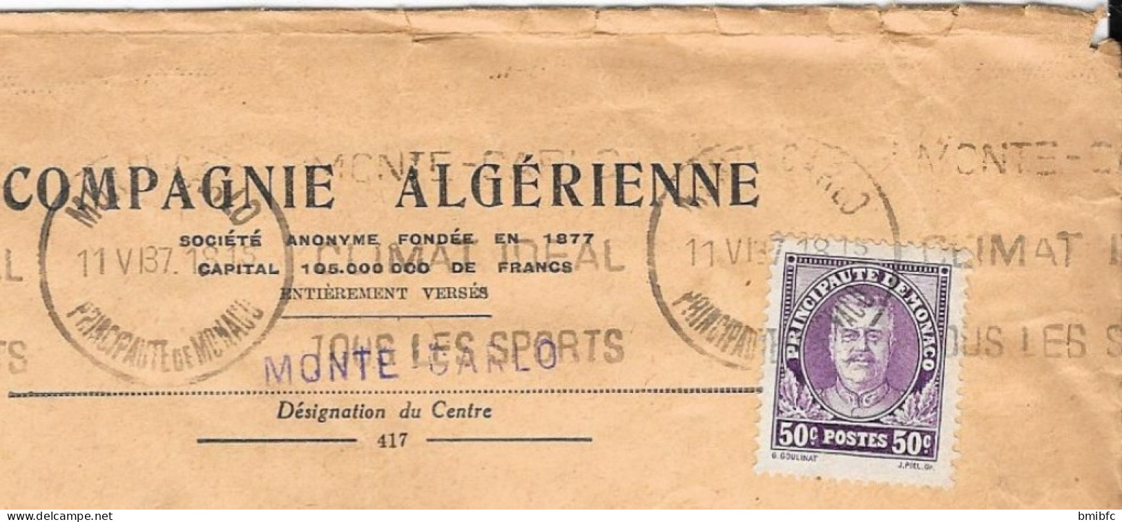 PRINCIPAUTÉ De MONACO 1937  Sur Lettre - Briefe U. Dokumente