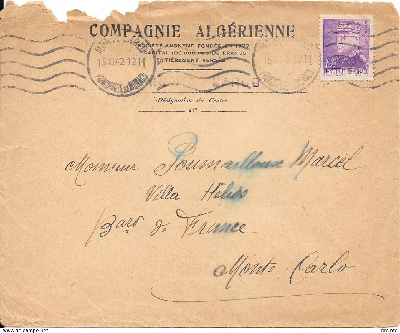 PRINCIPAUTÉ De MONACO 1942  Sur Lettre - Briefe U. Dokumente