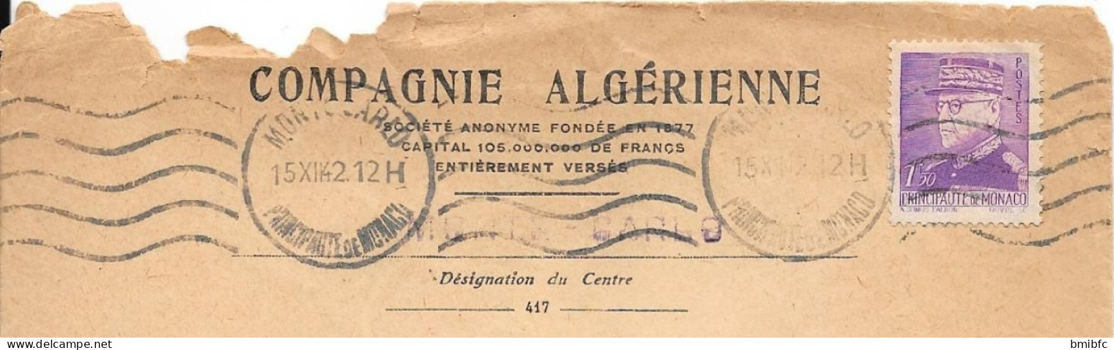 PRINCIPAUTÉ De MONACO 1942  Sur Lettre - Brieven En Documenten