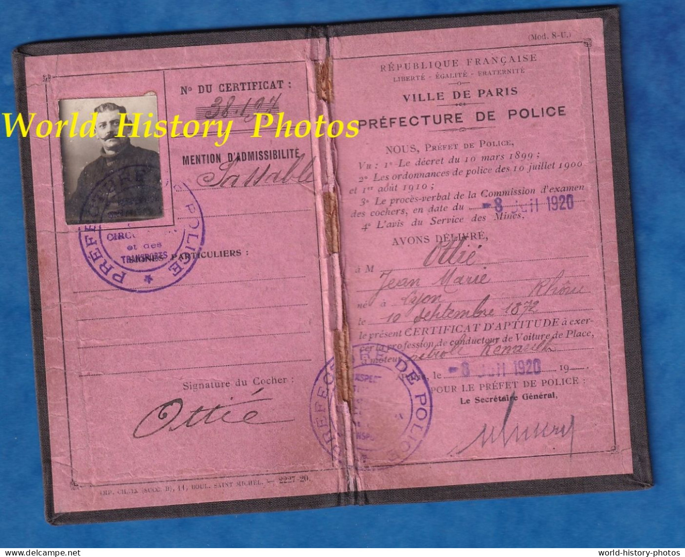 Carte Ancienne - Jean Ottié - Conducteur De Voiture De Place à Moteur Pétrole Renault - 1920 - Taxi ? Permis De Conduire - Documents Historiques