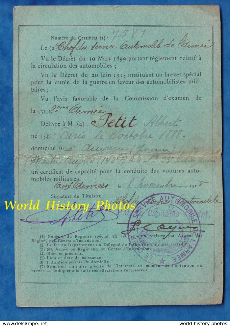 Permis De Conduire Militaire - 1918 - Automobile / Camion - Albert PETIT Né En 1888 à Auxerre - 142e Régiment Artillerie - Documents