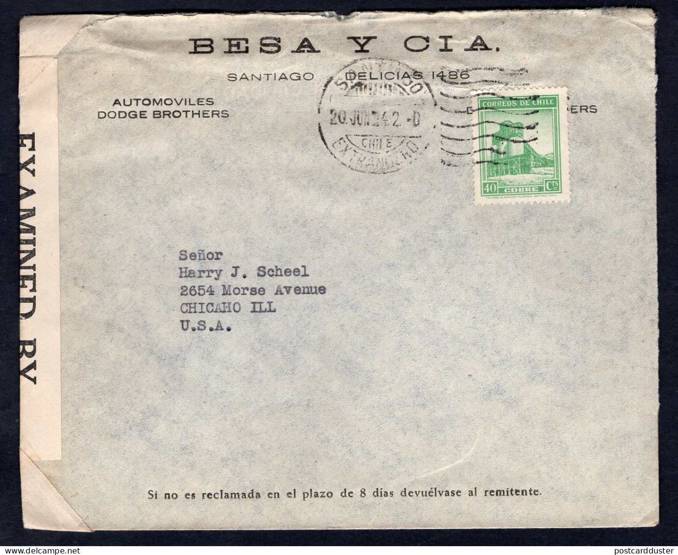 CHILE 1942 Censored Airmail Cover To USA. Dodge Car Dealers (p488) - Chili