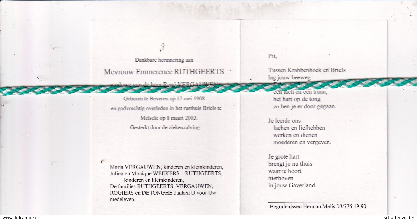 Emmerence Ruthgeerts-Vergauwen, Beveren 1908, Melsele 2003. Foto - Todesanzeige