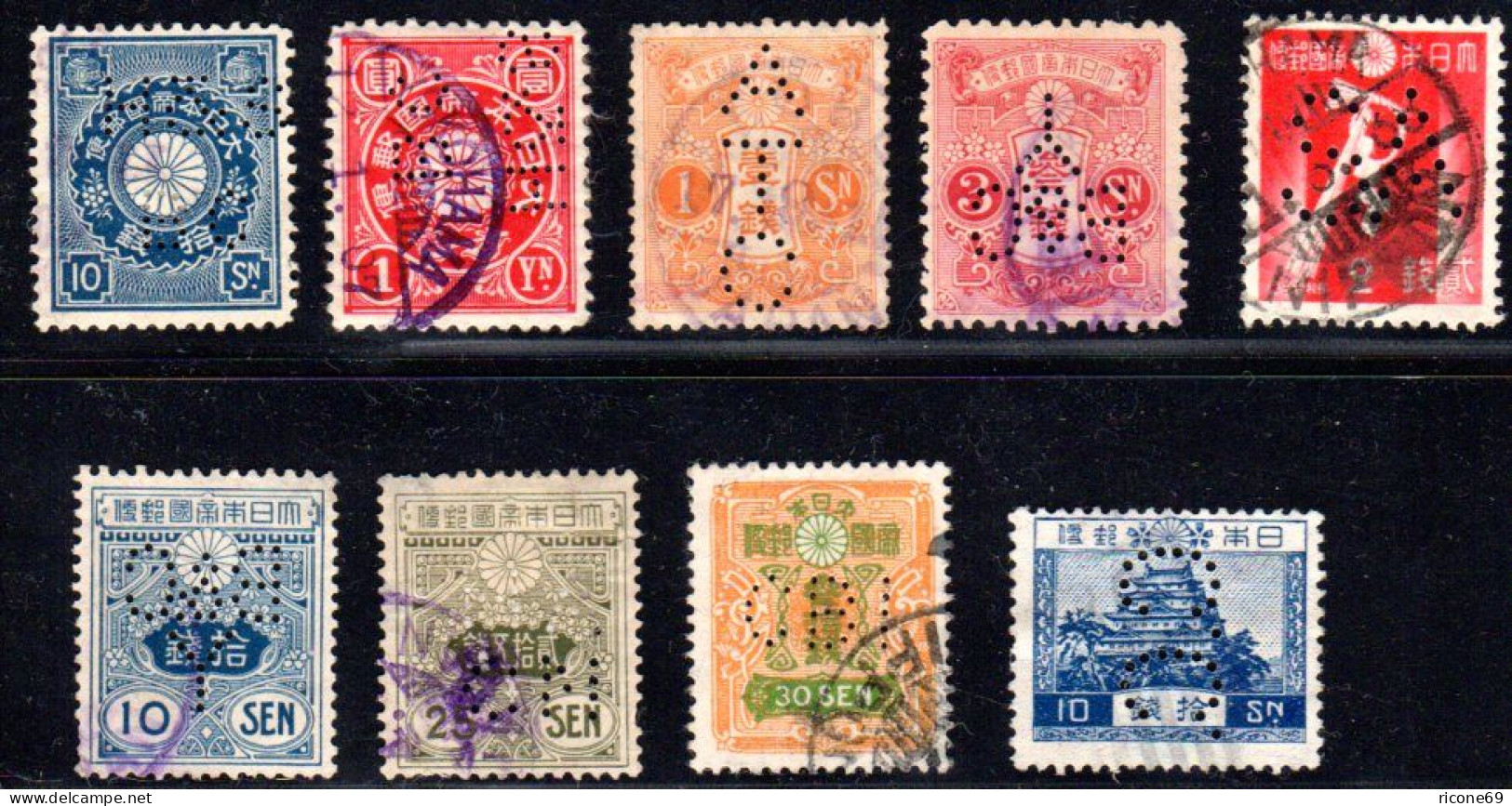 Japan, 9 Stamps With Perfins (9 Marken M. Firmenlochungen) - Usados