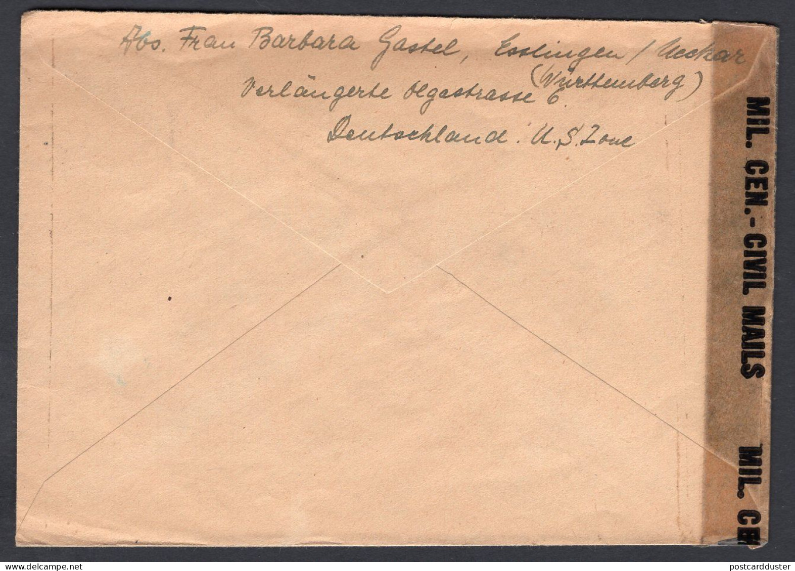 GERMANY Esslingen 1947 Censored Cover To USA. American Occupation Zone - Lettres & Documents