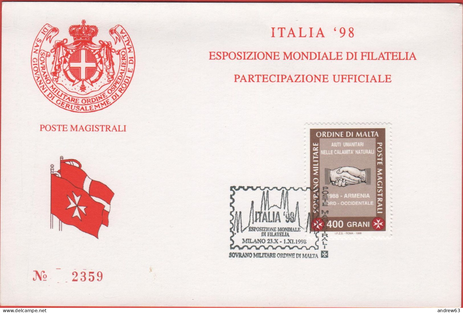 SMOM - 1998 - Poste Magistrali - 400 Grani Aiuti Umanitari + Annullo Esposizione Mondiale Di Filatelia Italia '98 - Part - Briefmarkenausstellungen