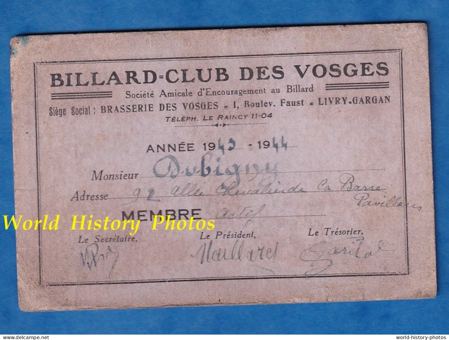 Carte Ancienne De Membre - LIVRY GARGAN , Brasserie Des Vosges - 1943 1944 - Billard Club - WW2 Occupation - Lidmaatschapskaarten