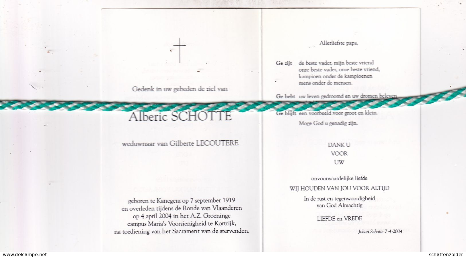 Alberic Schotte-Lecoutere, Kanegem 1919, Kortrijk 2004. Tweevoudig Wereldkampioen Wielrennen, Wielrenner. Foto - Todesanzeige
