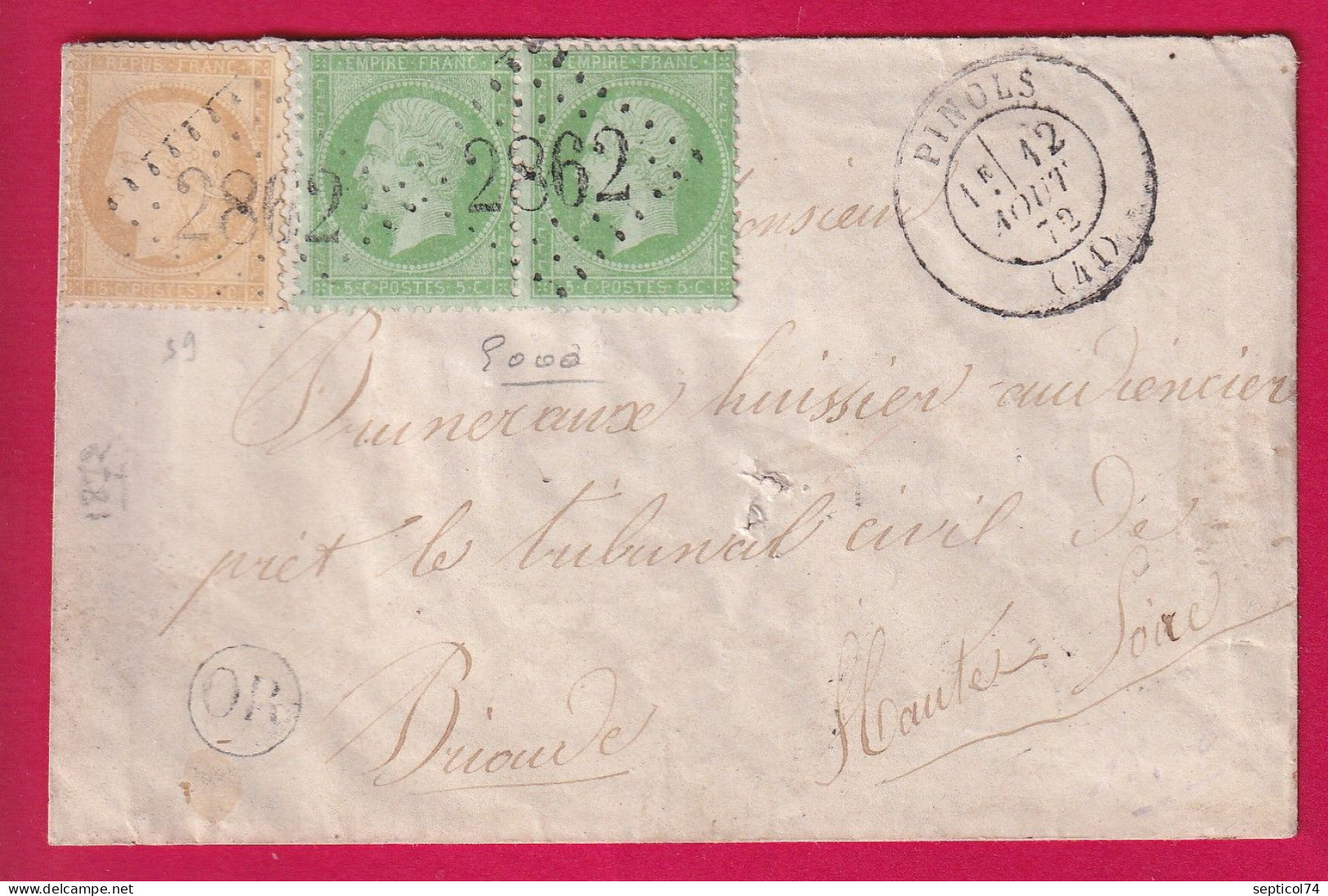 N°35 PAIRE + 59 GC 2862 PINOLS HAUTE LOIRE 12 AOUT 1872 POUR BRIOUDE LETTRE - 1849-1876: Période Classique