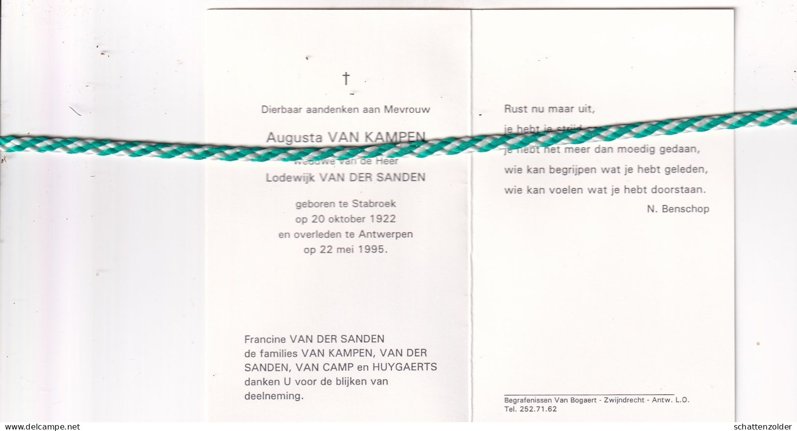 Augusta Van Kempen-Van Der Sanden, Stabroek 1922, Antwerpen 1995. - Décès