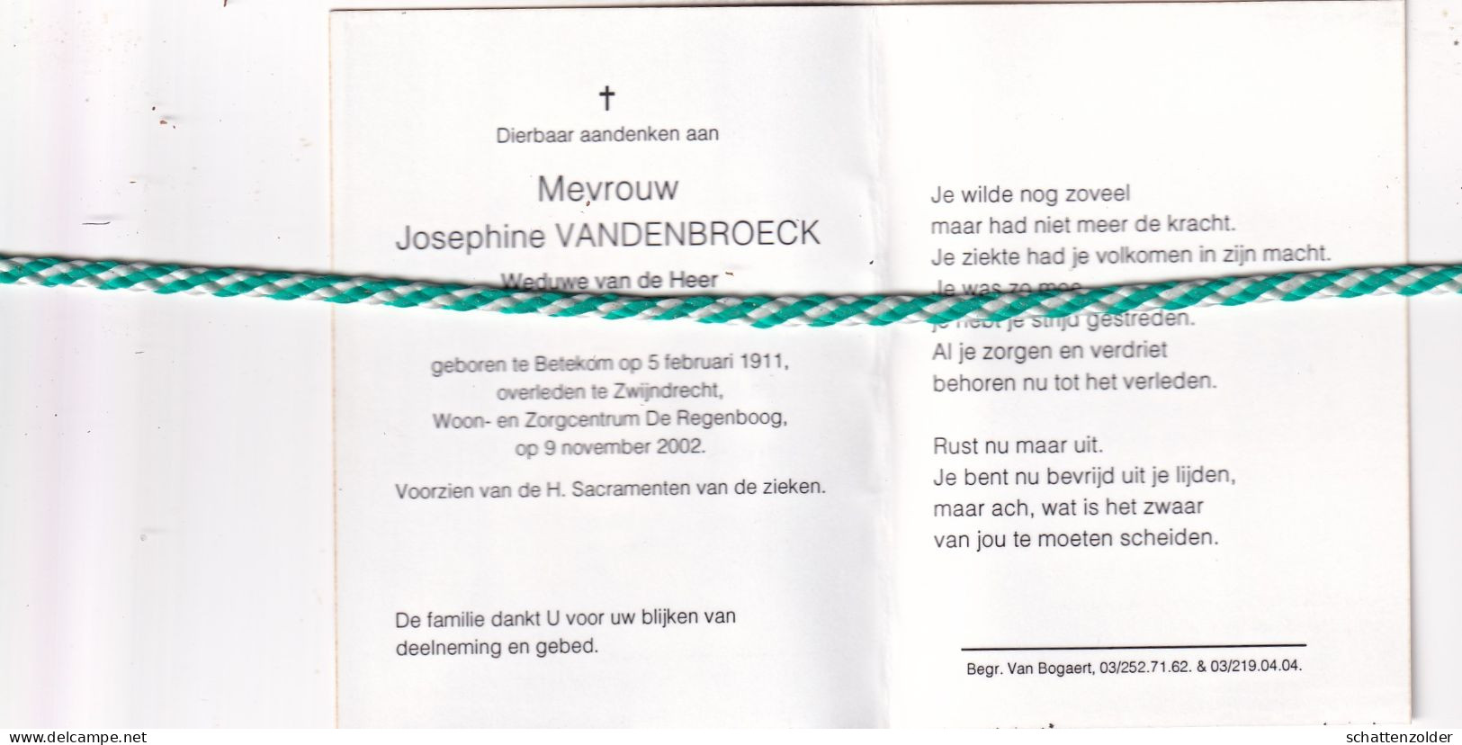 Josephine Vandenbroeck-Jansen, Betekom 1911, Zwijndrecht 2002. Foto - Décès