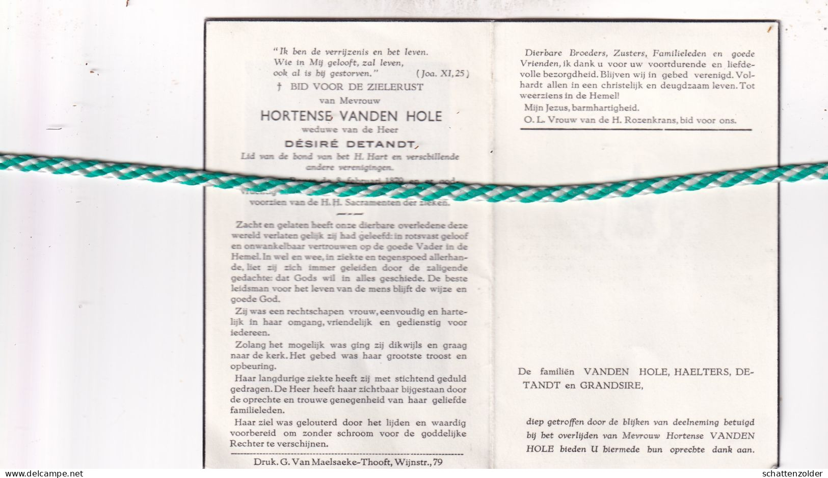 Hortense Vanden Hole-Detandt, Ronse 1879, 1962 - Todesanzeige