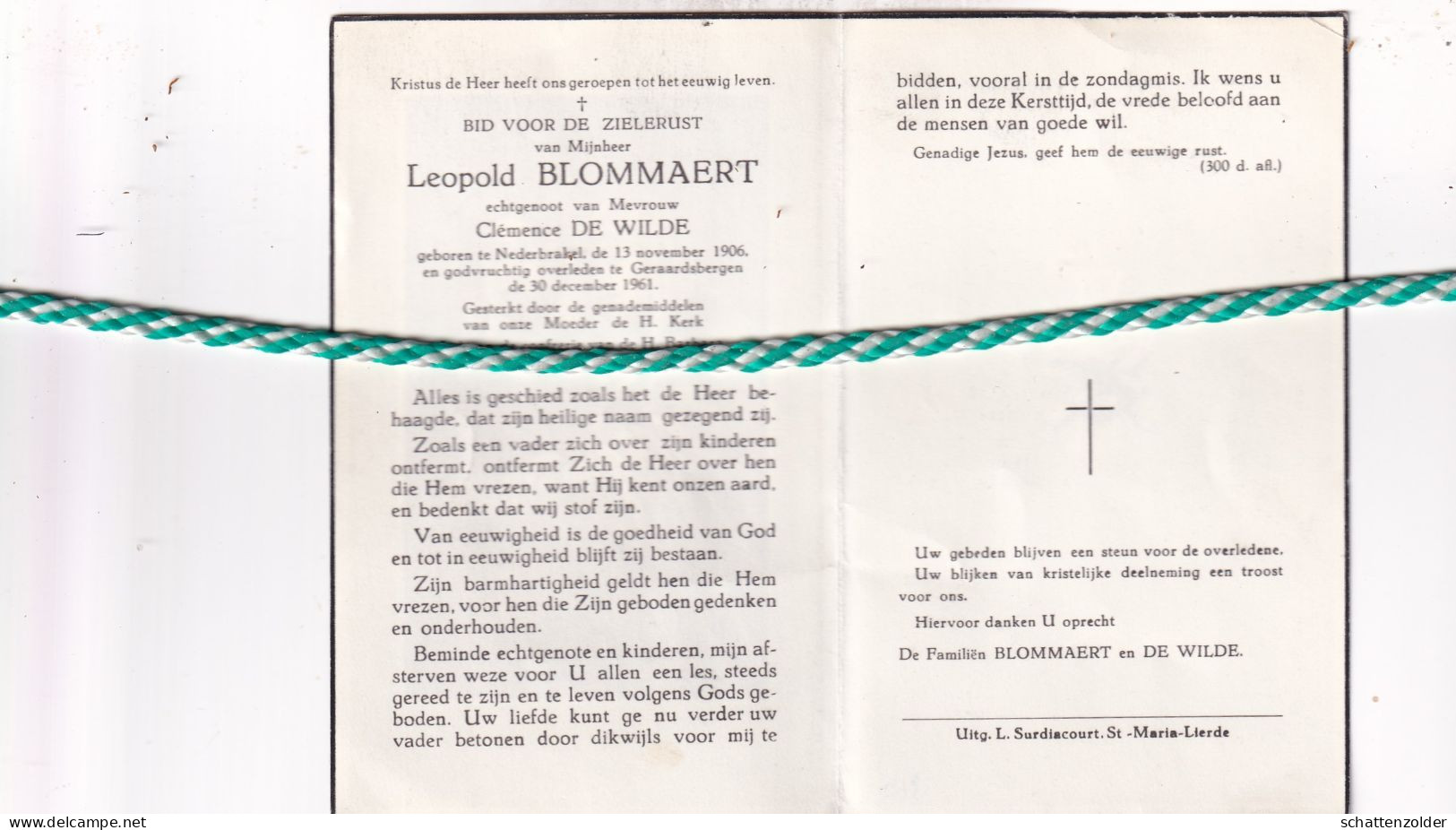 Leopold Blommaert-De Wilde, Nederbrakel 1906, Geraardsbergen 1961 - Décès