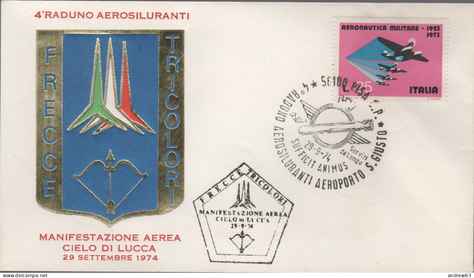 ITALIA - ITALIE - ITALY - 1974 - 25 50º Anniversario Dell'aeronautica Militare + Annullo Frecce Tricolori Cielo Di Lucca - Militares