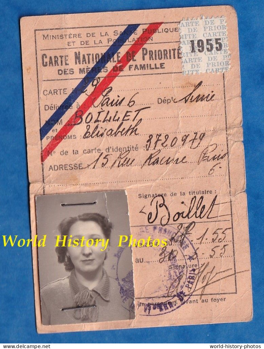 Carte Nationale De Priorité Des Mères De Familles - 1955 - Elisabeth BOILLET à Paris Ministére De La Santé Et Population - Documents Historiques