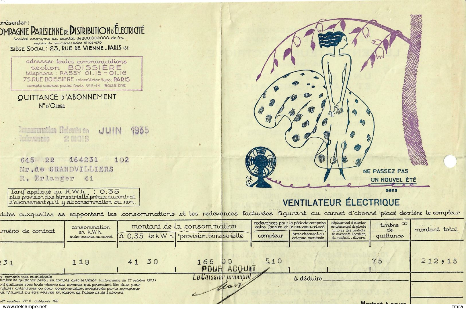 1935 - Quittance Abonnement à La Cie Parisienne De Distribution D'ELECTRICITE (31 X 20 Cm) Ventilateur électrique /GP81 - Publicités