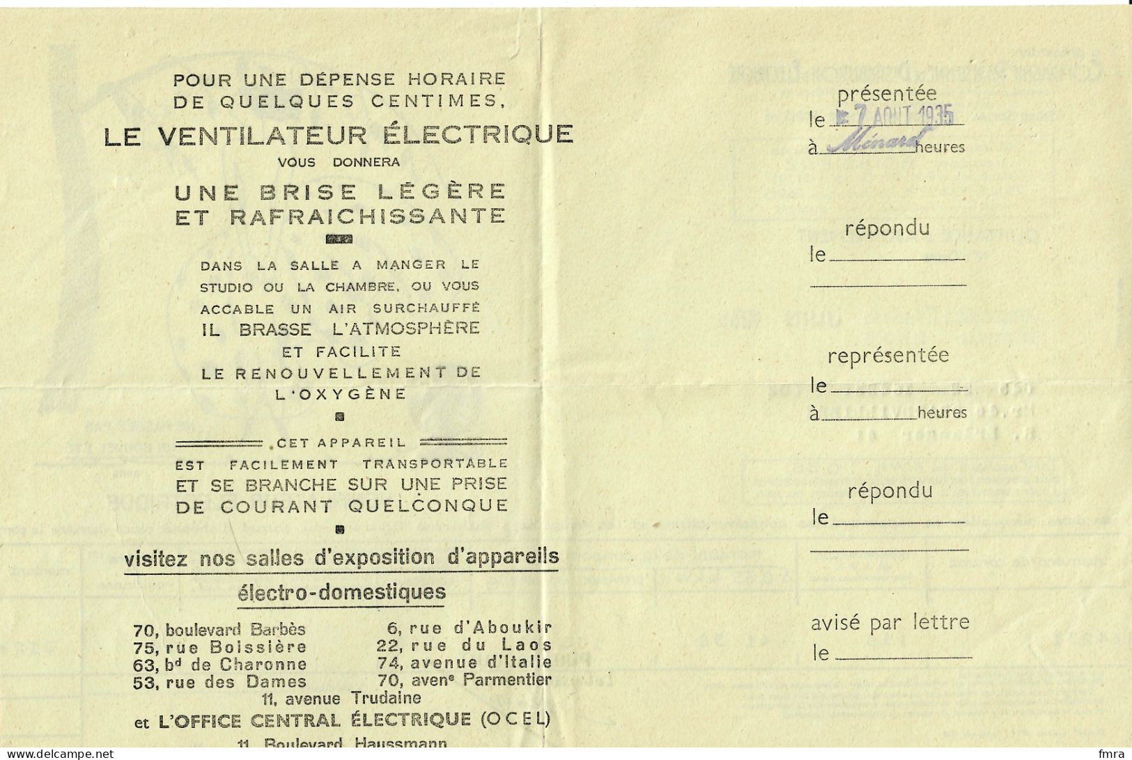 1935 - Quittance Abonnement à La Cie Parisienne De Distribution D'ELECTRICITE (31 X 20 Cm) Ventilateur électrique /GP81 - Publicités