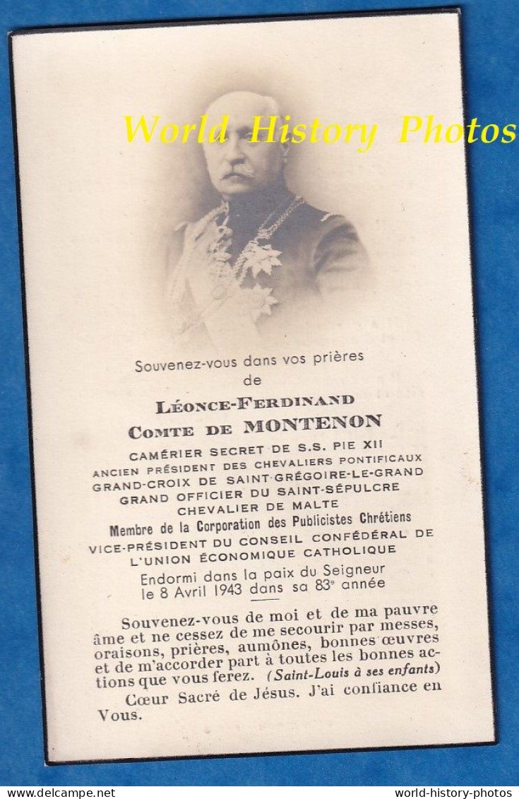 Faire Part De Décés - Léonce Ferdinand Comte De MONTENON Camérier Secret De Sa Sainteté Pie X - Pape Uniforme Médaille - Décès