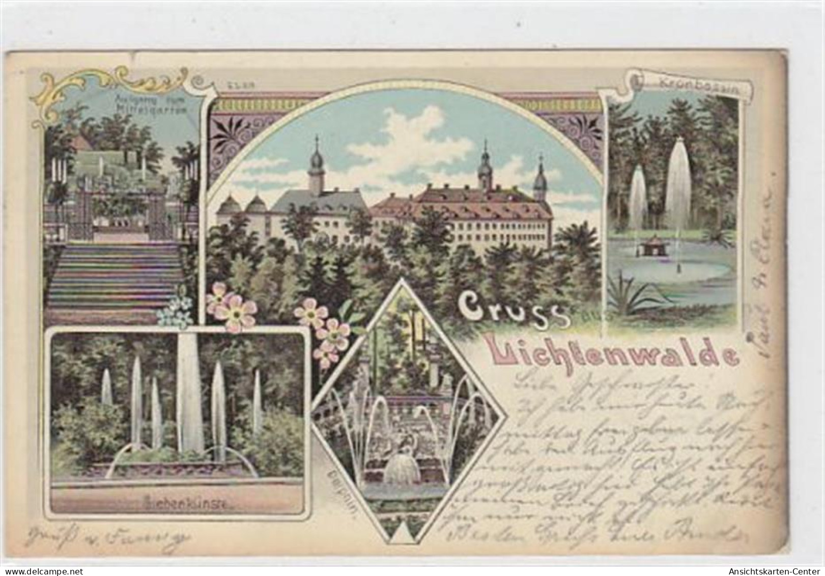 39037711 - Lithographie Lichtenwalde. Aufgang Zum Mittelgarten Schloss Kronbassin Siebenkuenste Delphin Gelaufen Am 05. - Niederwiesa