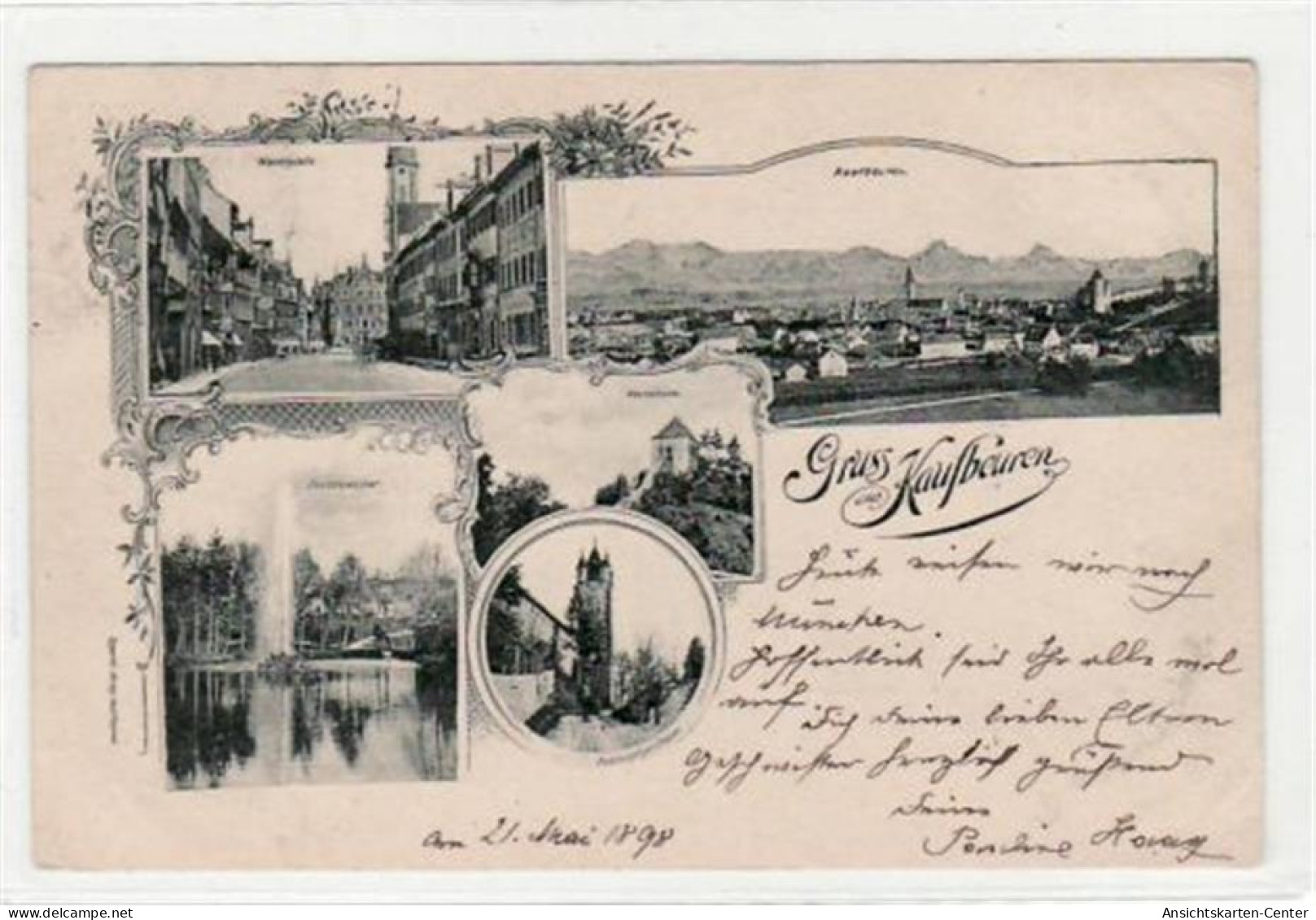 39027211 - Gruss Aus Kaufbeuren. Totalansicht Marktplatz Hexenturm Jordanweiher Fuenfknoepfige Turm Gelaufen 1898 Eckbu - Kaufbeuren