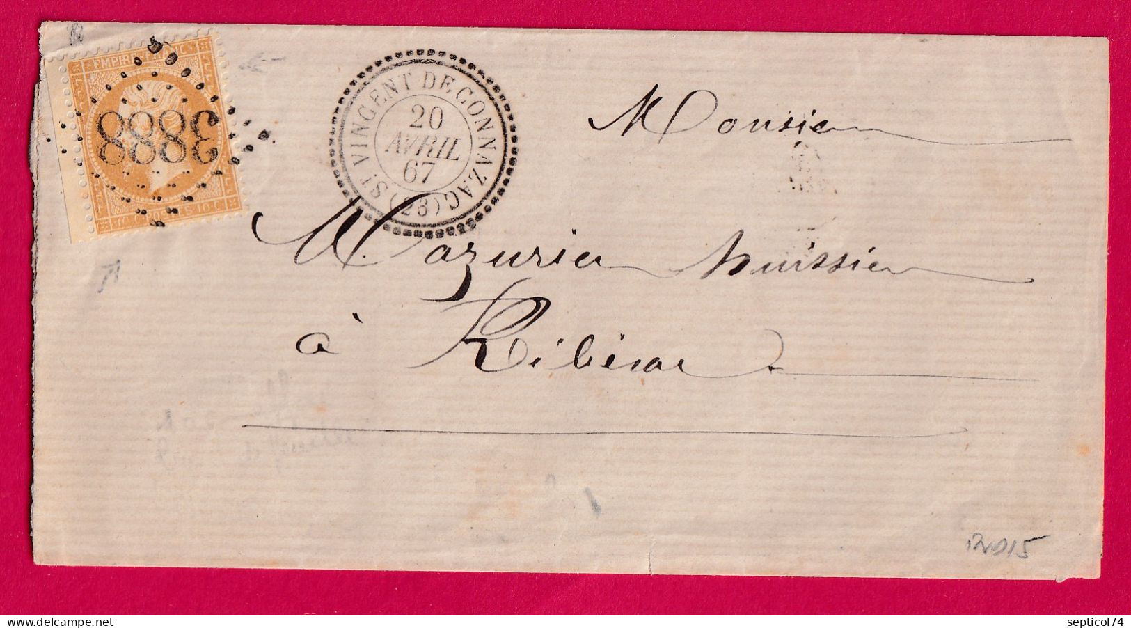 N°21 GC 3888 ST VINCENT DE CONNAZAC DORDOGNE CAD TYPE 22 POUR RIBERAC LETTRE - 1849-1876: Période Classique