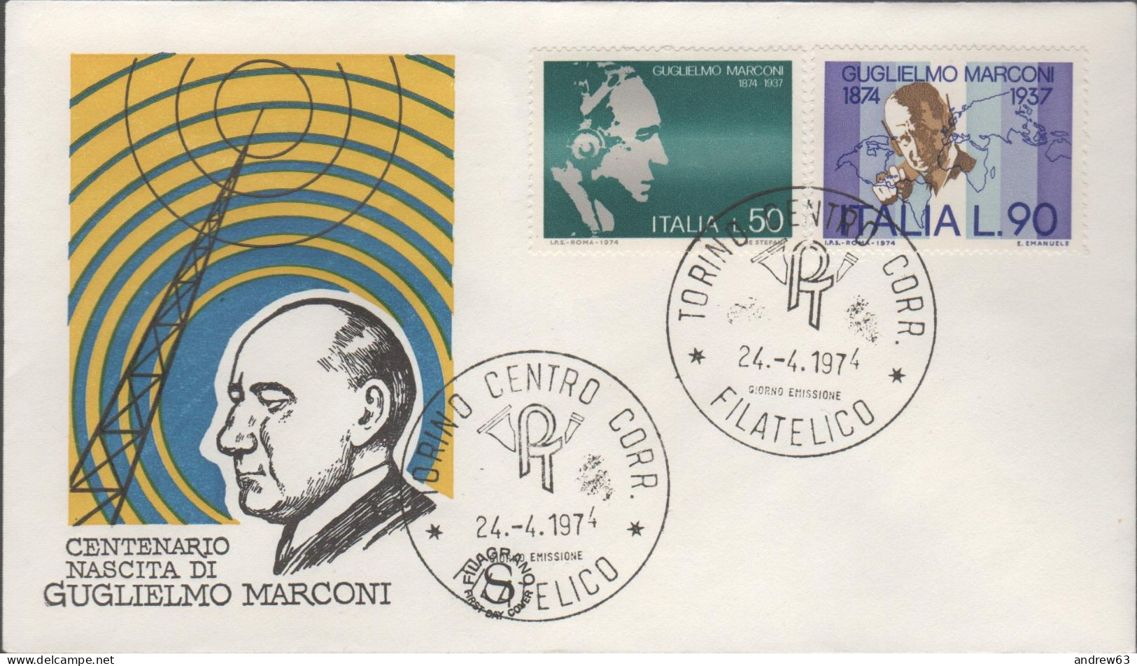 ITALIA - ITALIE - ITALY - 1974 - Centenario Della Nascita Di Guglielmo Marconi - FDC Filagrano - FDC