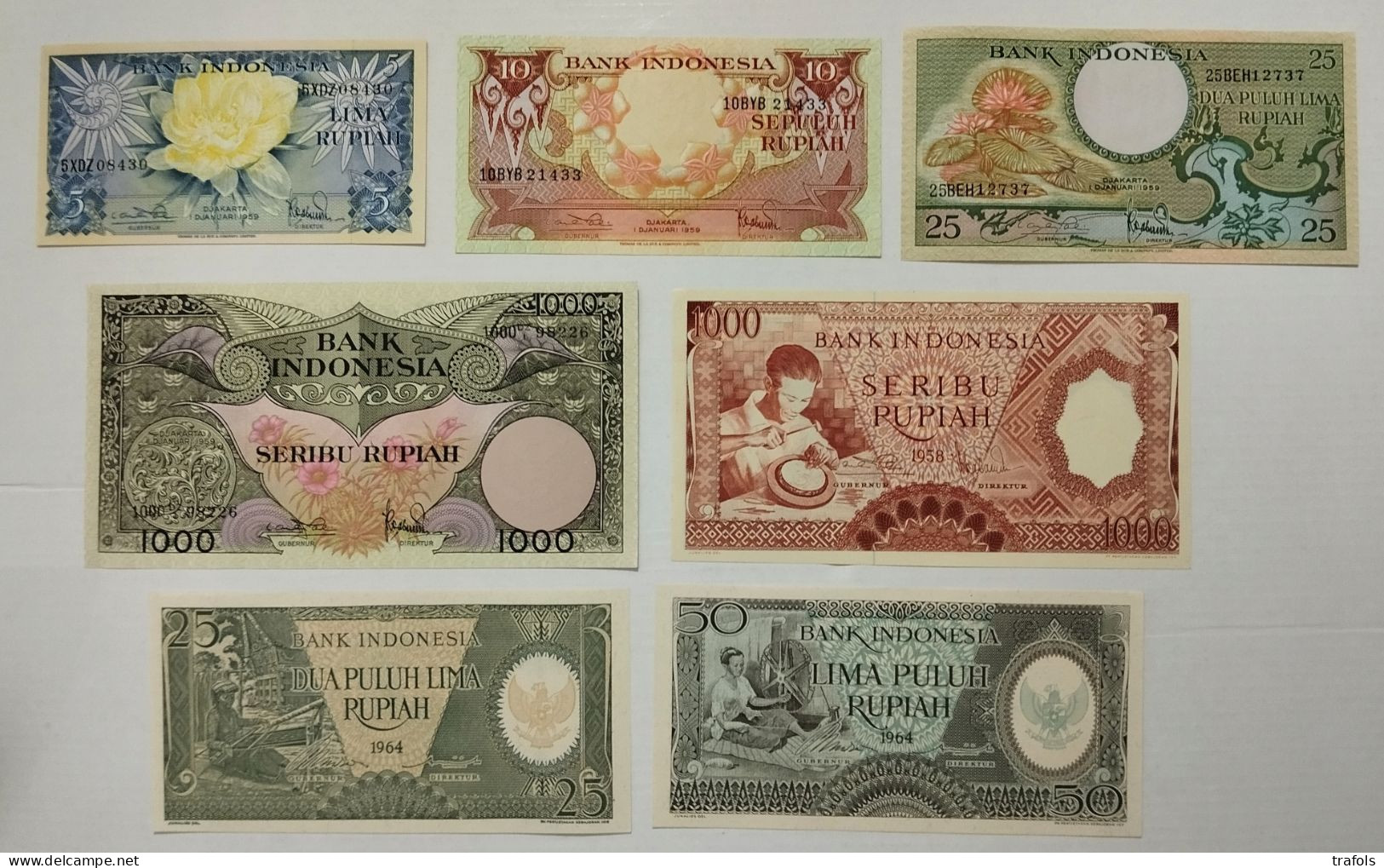 INDONESIA Collection - AUNC/UNC 1000 Rupiah 1958 P.61 + 5-10-25-1000 R 1959 P.65,66,67,71 + 25-50 R 1964 P.95,96 !!! - Indonésie