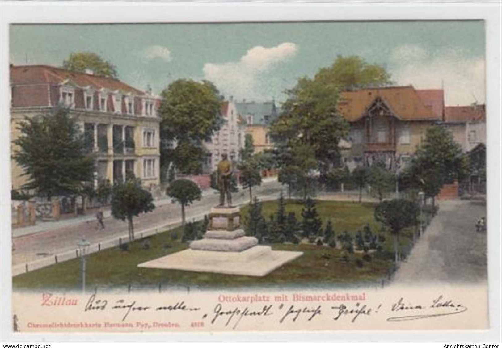 39084511 - Zittau. Ottokarplatz Mit Bismarckdenkmal Gelaufen, 1905. Ecken Mit Albumabdruecken, Sonst Gut Erhalten - Zittau
