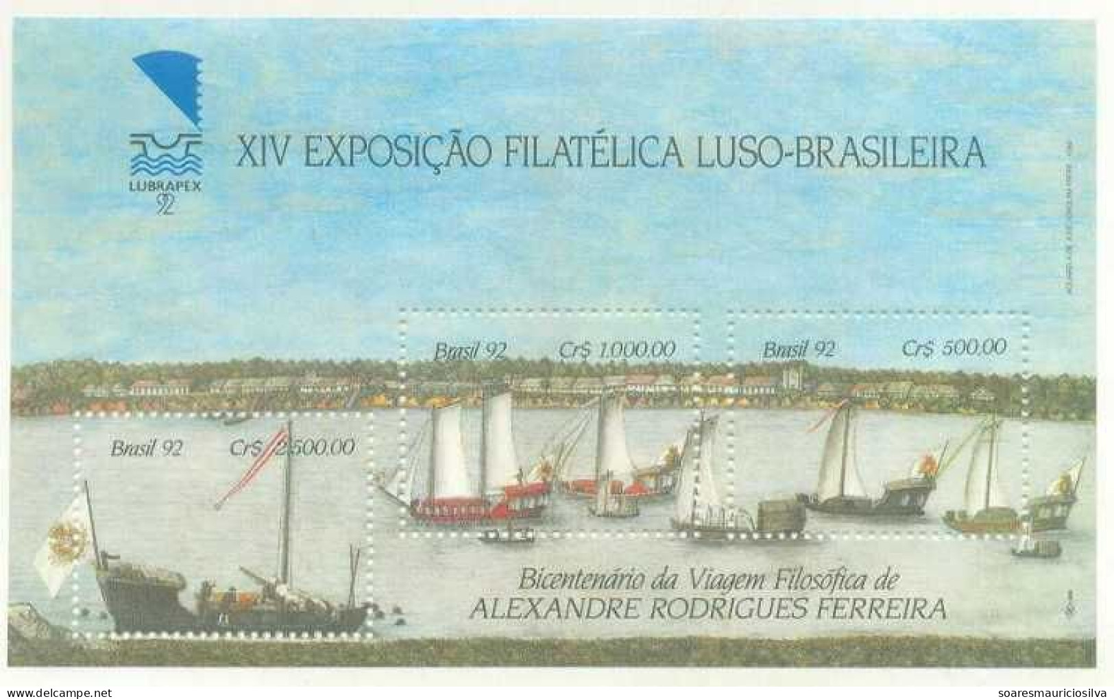 Brazil 1992 Souvenir Sheet Lubrapex Ship Caravel Bicentenary Of Alexandre Rodrigues Ferreira's Philosophical Journey - Bateaux