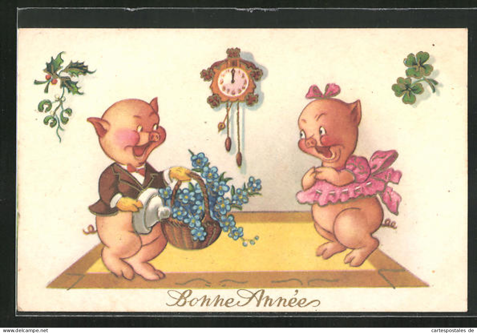 Künstler-AK Bonne Année, Neujahrsgruss, Vermenschlichte Schweinchen  - Cochons