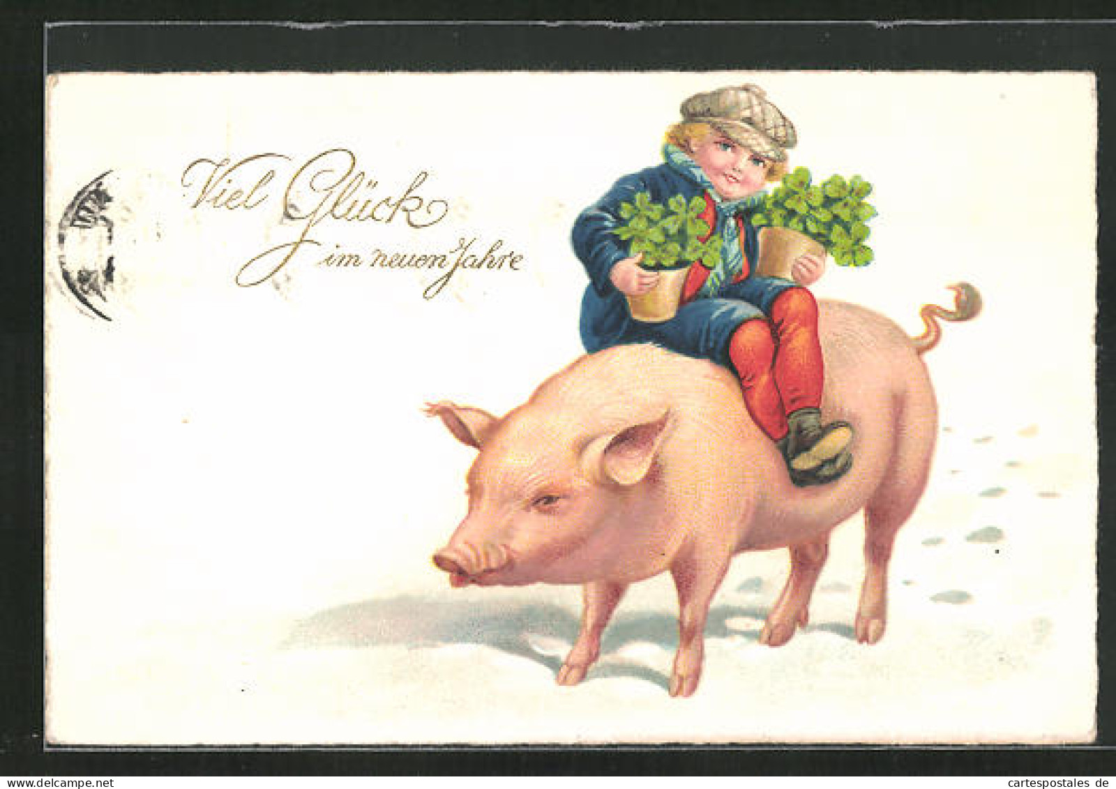Künstler-AK Neujahrsgruss, Schweinereiter Mit Klee  - Pigs