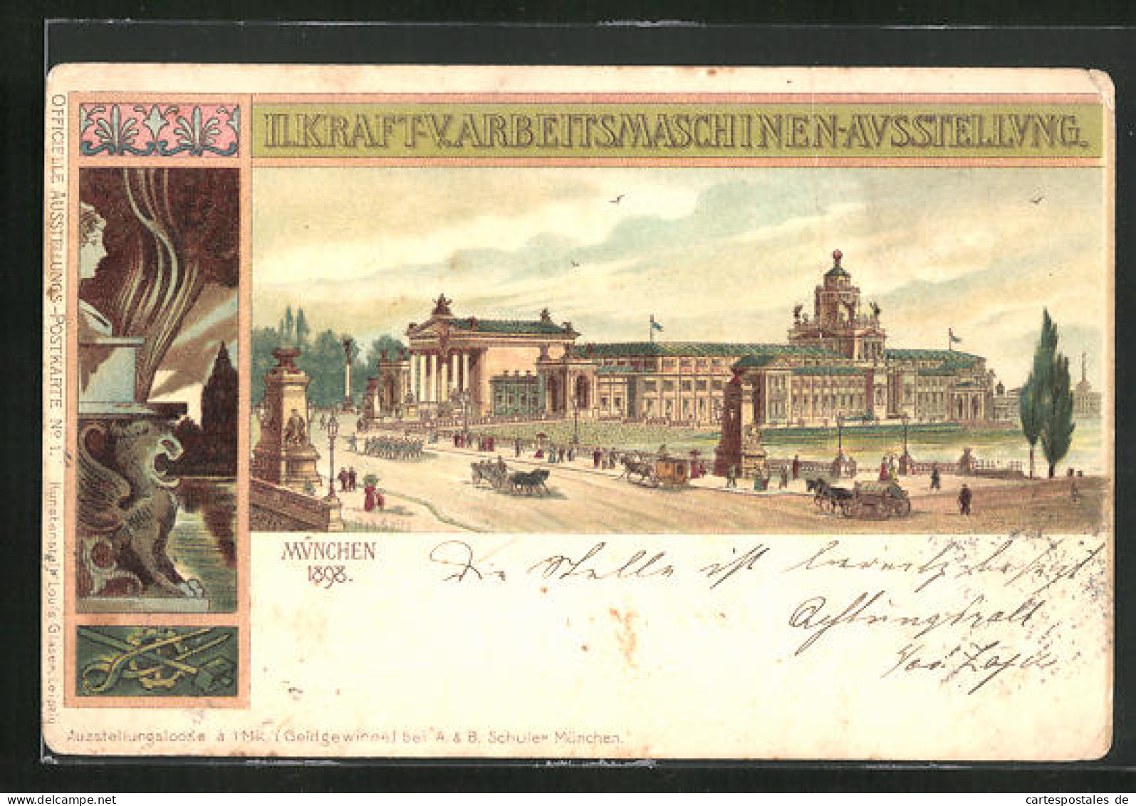 Lithographie München, II. Kraft- Und Arbeitsmaschinen-Ausstellung 1898, Ausstellungshalle Mit Pferdekutschen  - Ausstellungen