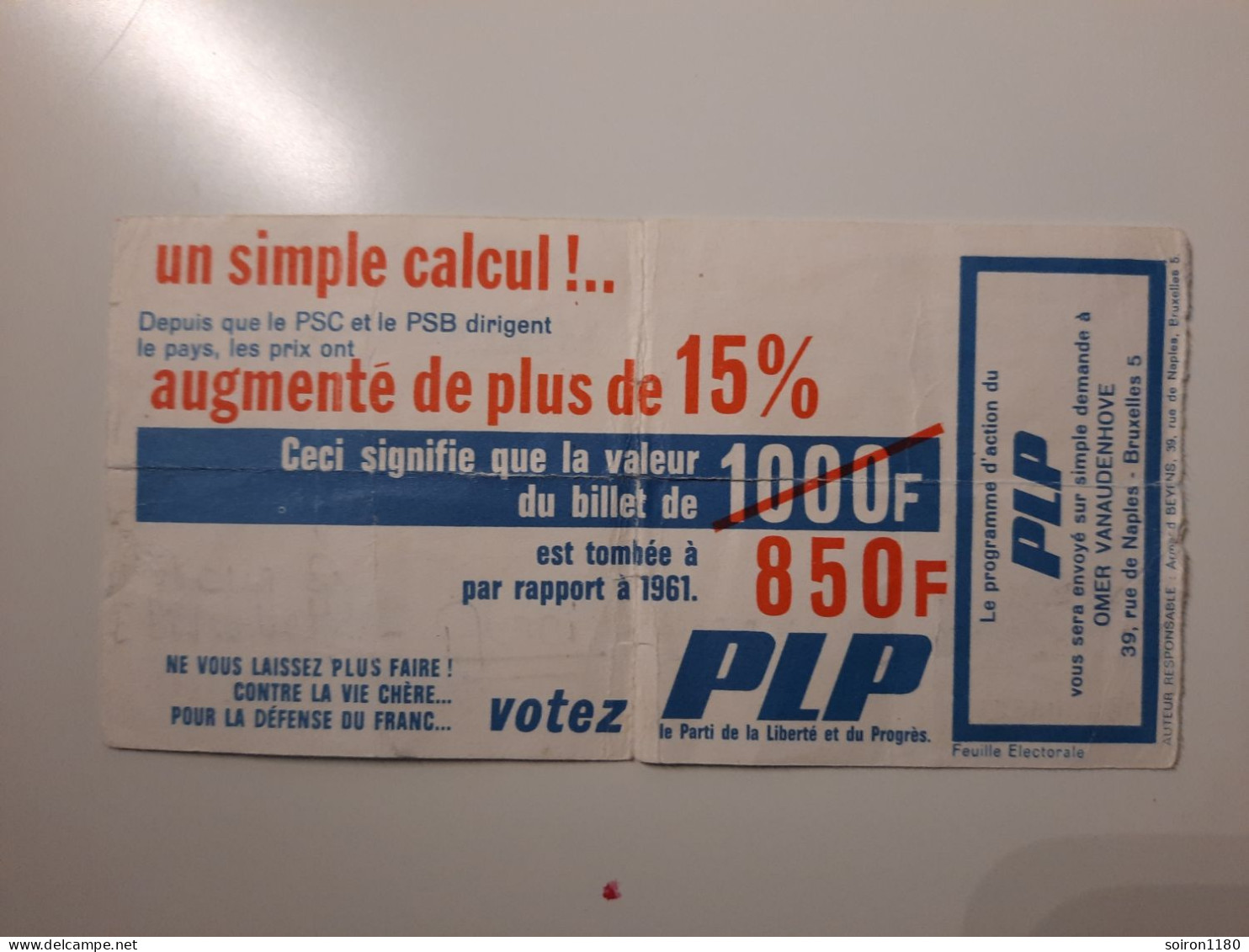 1963 Numismatique Billet De 1000  Francs Belge Spécimen Publicité électorale En Français Ancien PLP Banque Papier - [ 8] Vals En Specimen