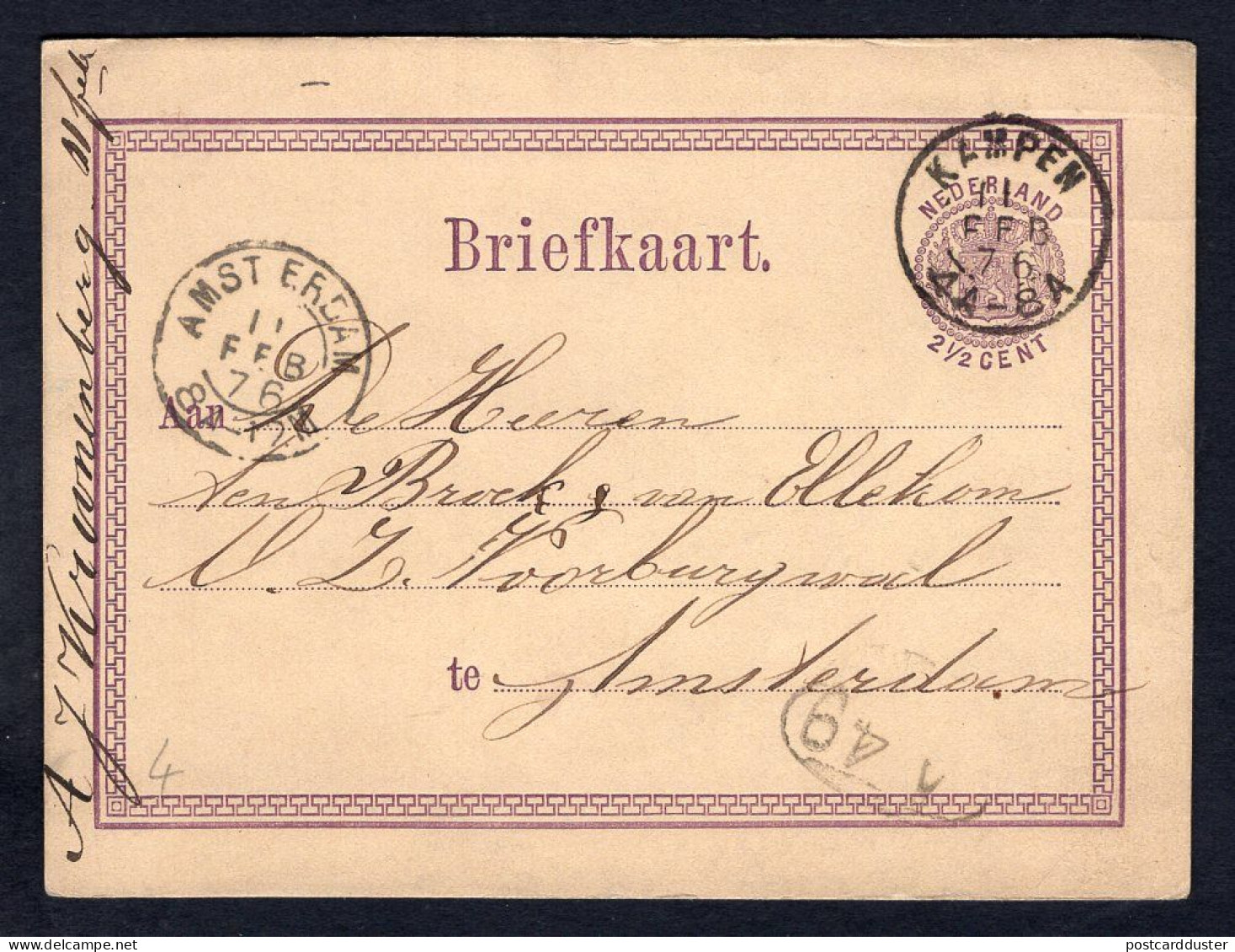 NETHERLANDS Kampen 1876 Postal Card To Amsterdam (p824) - Storia Postale