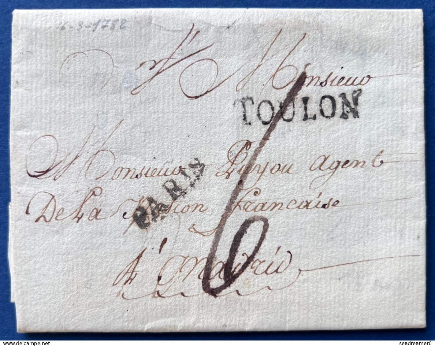 Lettre 16 MARS 1782 Marque De TOULON Passée Par PARIS Pour L'ESPAGNE à MADRID TTB - 1701-1800: Precursors XVIII