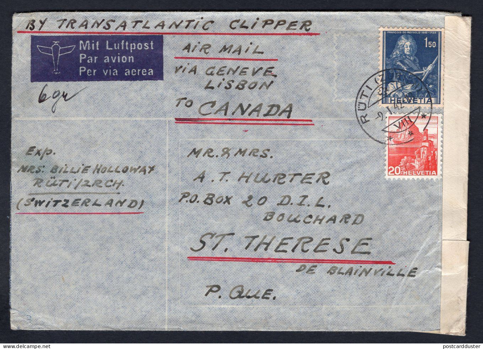 SWITZERLAND 1942 Censored Airmail Cover To Canada, Via Lisbon Portugal (p854) - Lettres & Documents