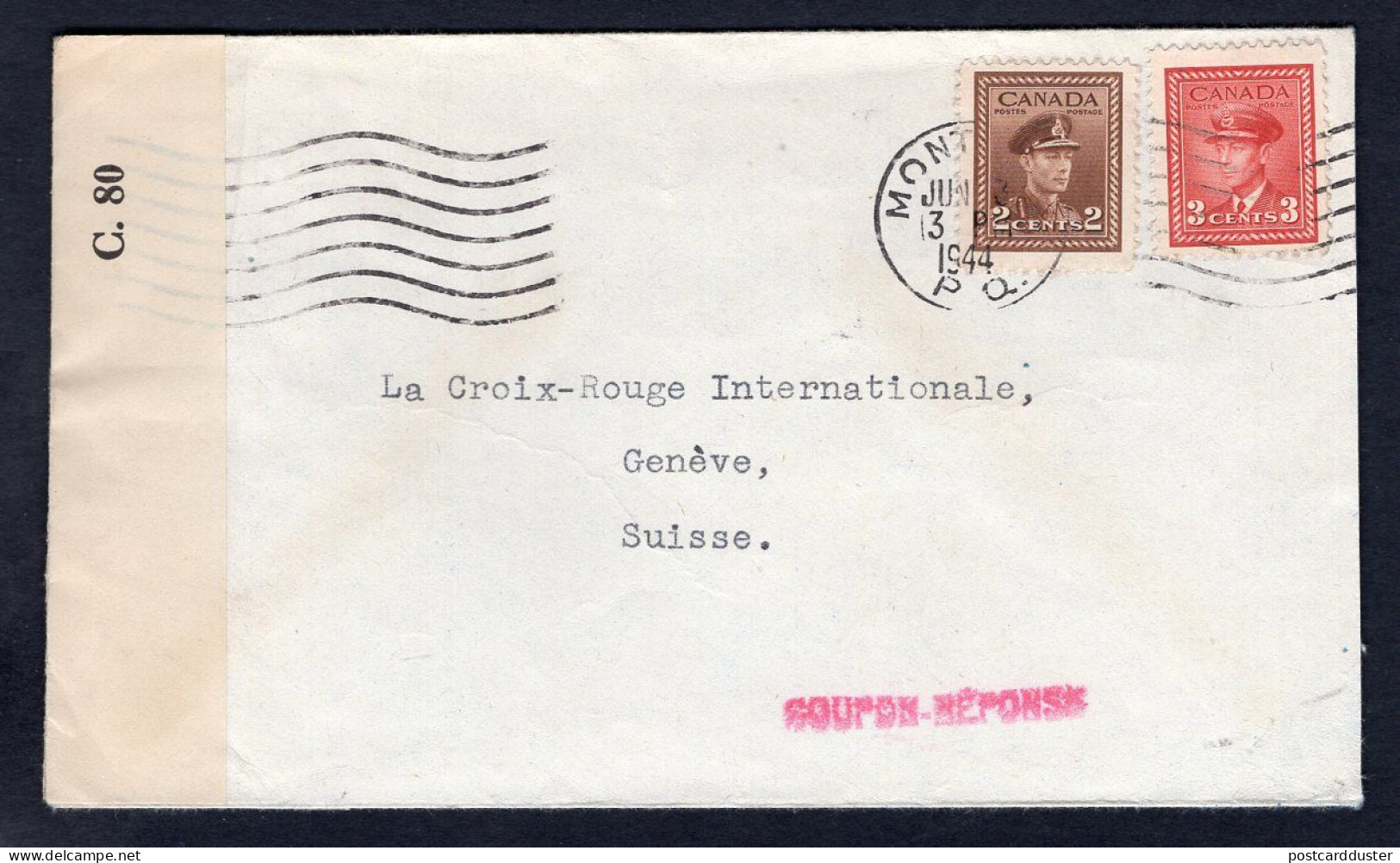 CANADA 1944 Censored Cover To Switzerland. Red Cross. Coupon-Reponse (p856) - Lettres & Documents